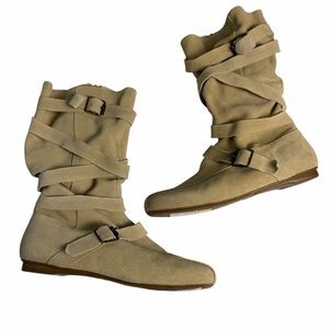 Strappy mid calf faux leather flat Boot in tan / Sand size 8 new